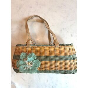 Alma Tonutti Wicker Handbag Made in Italy Teal Tan Woven Tote with Burlap Flower